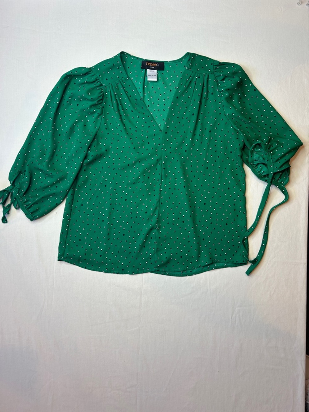 Renee C. Emerald Green Dot-Print V-Neck Puff Sleeve Blouse